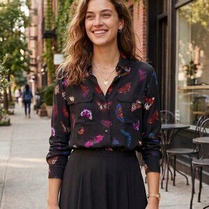 🦋 NWT Equipment Slim Signature Butterfly Print 100% Silk Shirt Black XS $258